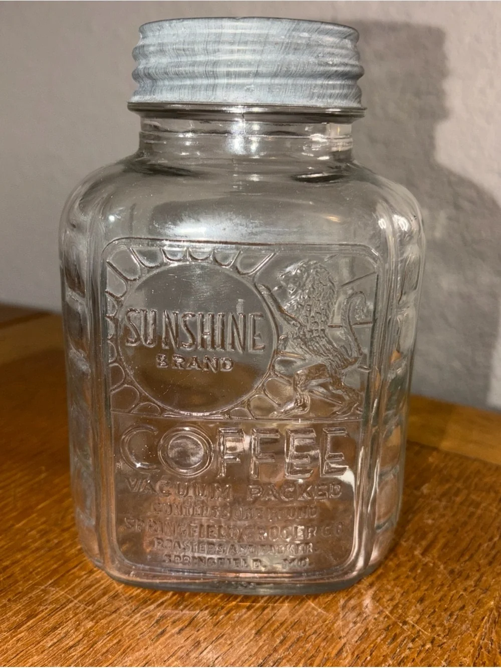 Vtg Sunshine Brand Glass Coffee Jar w/Zinc Lid Country Store Advertising